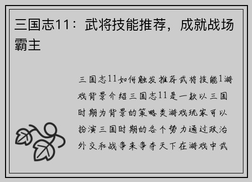 三国志11：武将技能推荐，成就战场霸主